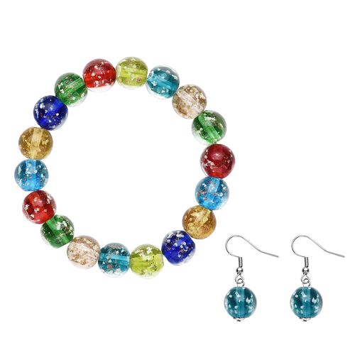 2er Set - Murano-Glasperlen Design, flexibles Armband und Ohrringe, Reiner Edelstahl, Mehrfarbig image number 0