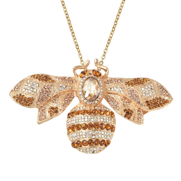 Champagner Glas und mehrfarbiger Kristall Honigbienen-Anh&auml;nger mit Kette, ca. 60 cm, goldfarben ca. 6,00 ct