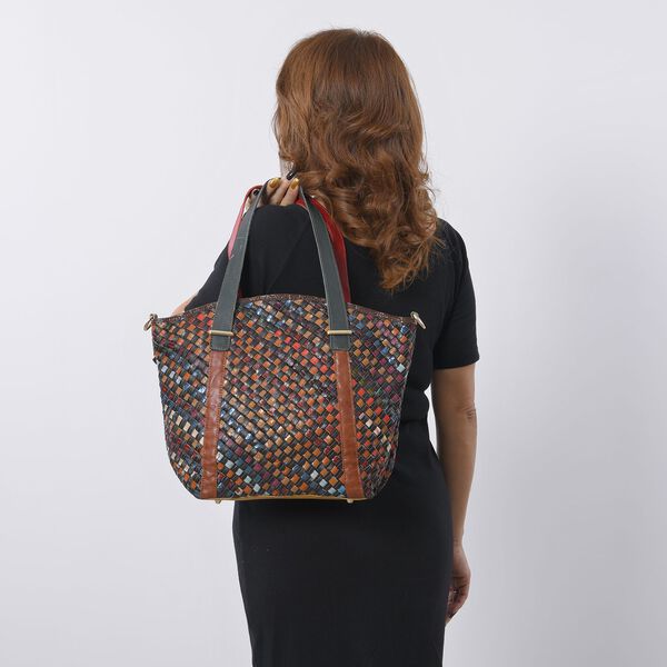 CHAOS BY ELSIE - Umh&auml;ngetasche aus echtem Leder mit Webmuster, 42x12x32 cm, Karomuster, dunkel image number 3