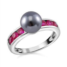 Tahiti Muschelkernperle, Afrikanischer Rubin (Fissure gefüllt) Ring 925 Silber platiniert (Größe 18.00)