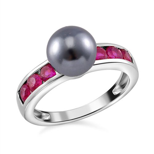 Tahiti Muschelkernperle, Afrikanischer Rubin (Fissure gefüllt) Ring 925 Silber platiniert (Größe 18.00) image number 0