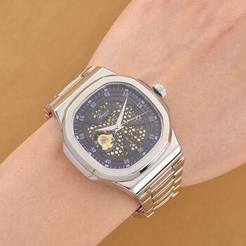 GENOA - Automatikuhr mit Skelett-Design, Edelstahlarmband, 3ATM wasserdicht, Blaues Zifferblatt, ca. 20 cm