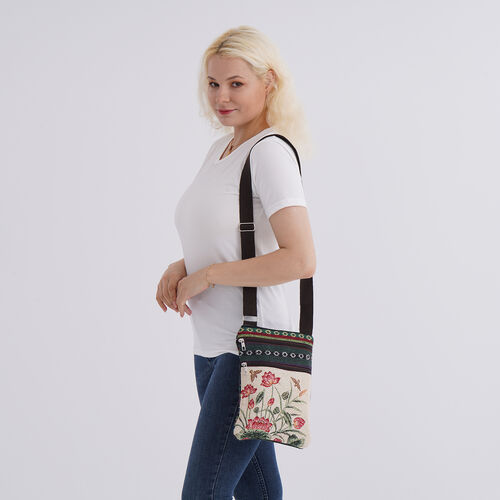 Crossbody-Tasche mit Lotusmotiv, Polyester, 3 Reißverschlussfächer, verstellbarer Schultergurt (ca. 120 cm), 21x28 cm, Mehrfarbig image number 1