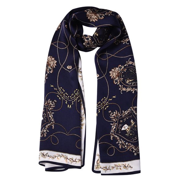 LA MAREY - 100% nat&uuml;rlicher Maulbeerseiden bedruckter Schal in Geschenkbox, 55x170 cm, Dunkelblau&nbsp; image number 3