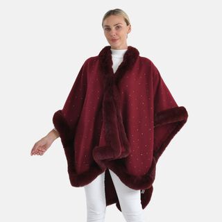 LA MAREY - Poncho mit Kunstfellbesatz und Kristall-Detail, Rot, Einheitsgröße