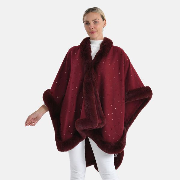 LA MAREY Poncho mit Kunstfellbesatz und Kristall-Detail, Rot, Einheitsgr&ouml;&szlig;e