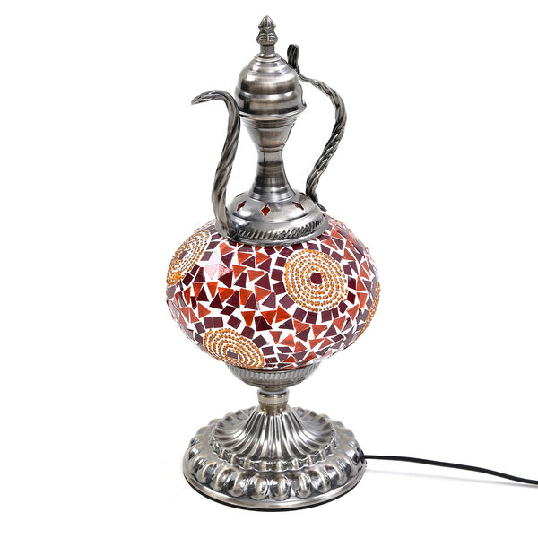 Handgefertigte, orientalische Mosaikglas Tischlampe in Weinkrugform, Größe 18x18x34 cm, Kreise rot image number 3