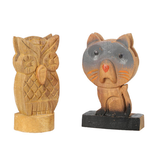 2er-Set Brillenhalter aus Kiefernholz, Eule und Katze, Braun image number 0