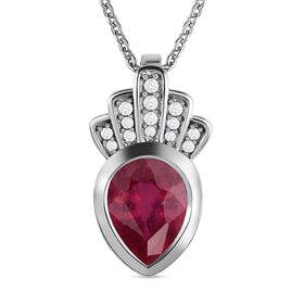 Afrikanischer Rubin (Fissure gefüllt), weißer Zirkon Anhänger mit Kette, 925 Silber platiniert ca. 2.53 ct
