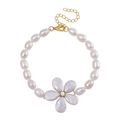 Keshi Perle (12x9 mm), Wei&szlig;e S&uuml;&szlig;wasser Perle (7-8mm) Armband ca. 18 cm + 5 cm Extender, 925 Silber vergoldet