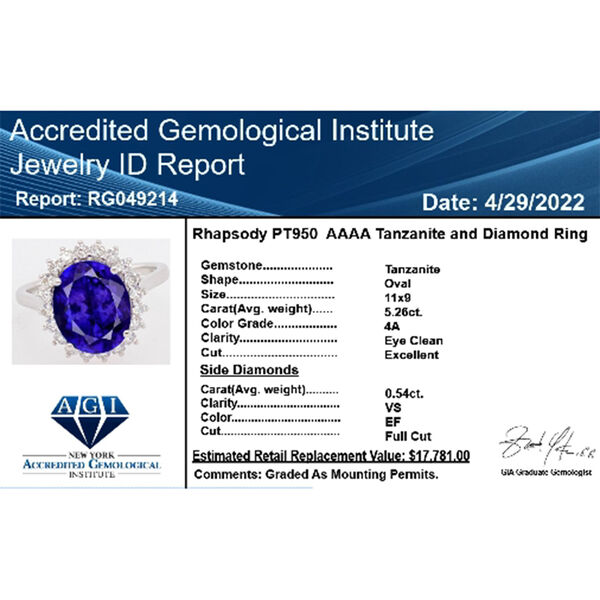 RHAPSODY zertifiziert und gepr&uuml;ft AAAA Tansanit und VS-EF Diamant Ring in 950 Platin- 5,75 ct. image number 10