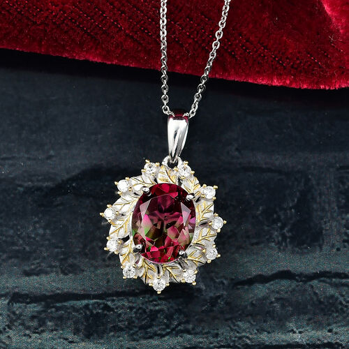 Lotus Trilogy - D joy Wassermelonen Quarz Triplette, Weißer Zirkon Anhänger mit Kette, 925 Silber platiniert, 925 Silber platiniert und vergoldet ca. 4,40 ct. image number 1