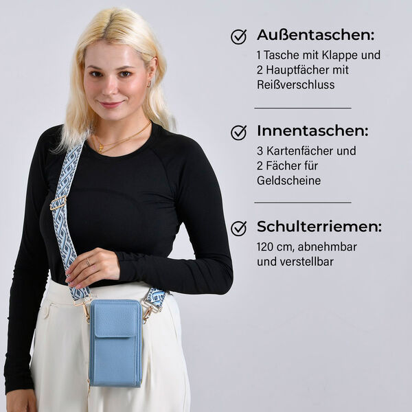 Crossbody-Handytasche mit RFID-Schutz und gemustertem Trageriemen, 19x6x11 cm, Hellblau image number 3