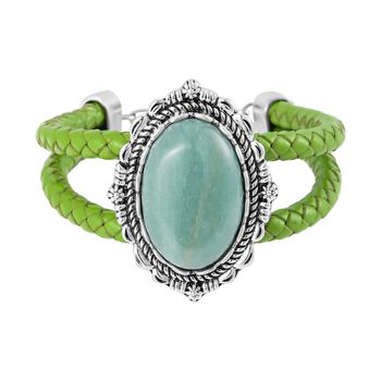 Gr&uuml;ner Aventurin Leder Armband, ca. 19 cm,  Antik-silber-Plattierung ca. 7.00 ct