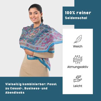 Bedruckter Schal aus 100% Seide, Mehrfarbiges Muster mit t&uuml;rkiser Bord&uuml;re, 70x200 cm