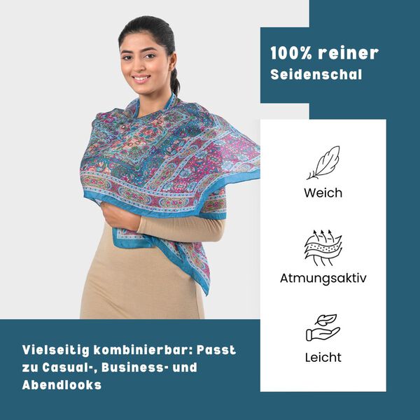 Bedruckter Schal aus 100% Seide, Mehrfarbiges Muster mit türkiser Bordüre, 70x200 cm image number 3
