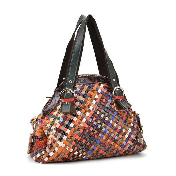 Mehrfarbiges schulterfreies gesmoktes Kleid mit Gürtel und Chaos by Elsie Echtleder Crossbody Tasche mit RFID und Mini-Blitzlampe image number 12