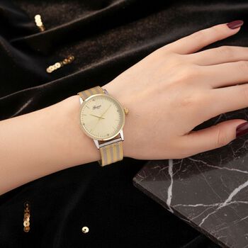 GENOA TIME - V2 Automatik Armbanduhr, Geh&auml;use 316 Edelstahl Sonnenschein Zifferblatt mit wei&szlig;em Diamant Edelstahl Mesharmband, bicolor