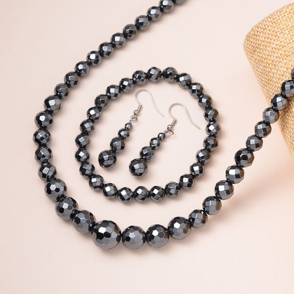 3er Set Hämatit Halskette, flexibles Armband und Ohrringe Schmuckset image number 2