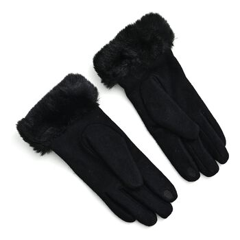Kaschmir-Handschuhe mit Kunstfellbesatz und Touchscreen-Funktion, One Size, Schwarz