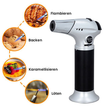 Flambierer, Butangasbrenner f&uuml;r Creme Brulee, BBQ und mehr, 11x15,5 cm, Silber und Schwarz