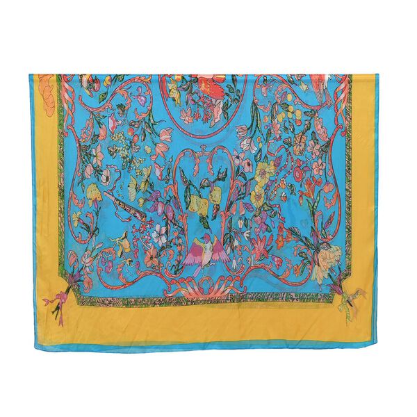 LA MAREY 100% Maulbeerseiden Schal, Blau und gelb image number 2