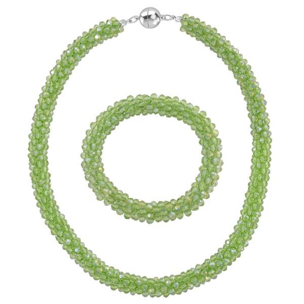 2er Set - Gr&uuml;ner Kristall Halskette und Armband, flexibel