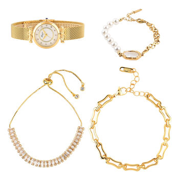 GENOA - Wei&szlig;er Zirkonia, Wei&szlig;es Perlmutt Schmuckset 316L Edelstahl IP-Gelbbeschichtung, Nickelfreies Messing IP-Gelbbeschichtung und Legierung IP-Gelbbeschichtung