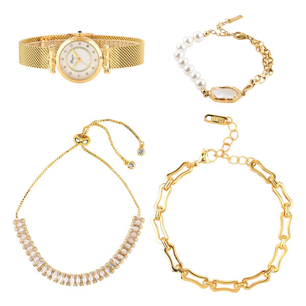 GENOA - Wei&szlig;er Zirkonia, Wei&szlig;es Perlmutt Schmuckset 316L Edelstahl IP-Gelbbeschichtung, Nickelfreies Messing IP-Gelbbeschichtung und Legierung IP-Gelbbeschichtung