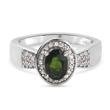 Nat&uuml;rlicher Chromdiopsid und Zirkon Halo Ring 925 Silber platiniert (Gr&ouml;&szlig;e 16.00) ca. 0,99 ct