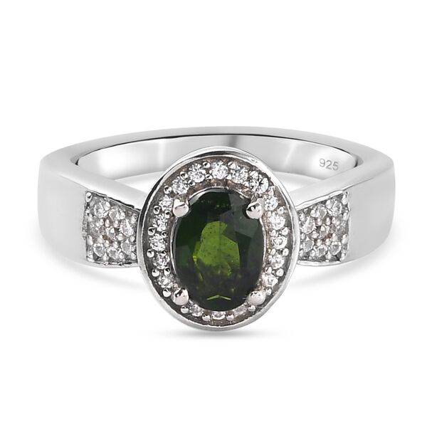 Nat&uuml;rlicher Chromdiopsid und Zirkon Halo Ring 925 Silber platiniert  ca. 0,99 ct