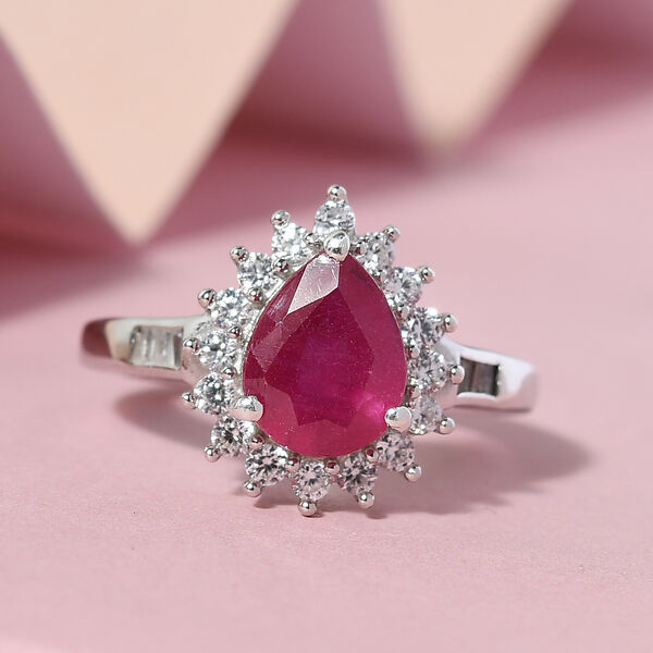 Afrikanisher Rubin(Fissure gef&uuml;llt) und Zirkon Ring 925 Silber platiniert image number 2