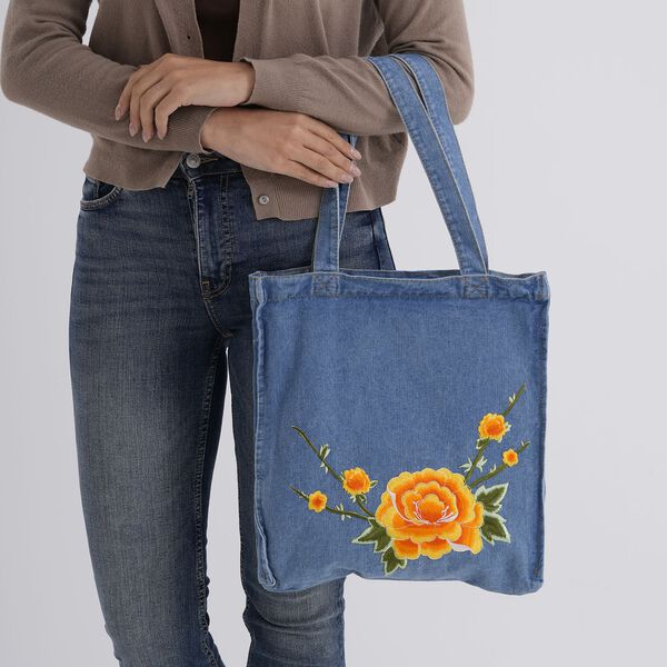 Shoppertasche, 33x35x5cm, Blau, Rosen-Stickerei image number 3