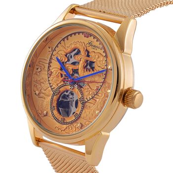 GENOA TIME V2 - Automatische mechanische Uhr mit Drachenmuster und Edelstahl-Mesharmband, 23 cm, vergoldet, ca. 89,00g