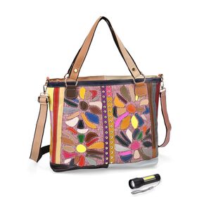 Chaos by Elsie - Umhängetasche aus recyceltem Echtleder mit farbigem Blumenmuster und Mini-Taschenlampe, ca. 40x14x35 cm, Rosa