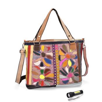 Chaos by Elsie - Umh&auml;ngetasche aus recyceltem Echtleder mit farbigem Blumenmuster und Mini-Taschenlampe, ca. 40x14x35 cm, Rosa