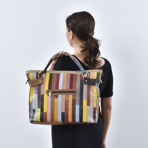 Chaos by Elsie: Patchwork Schultertasche aus 100% echtem Leder mit RFID Schutz, Gr&ouml;&szlig;e 43x15x32 cm, Mehrfarbig image number 3