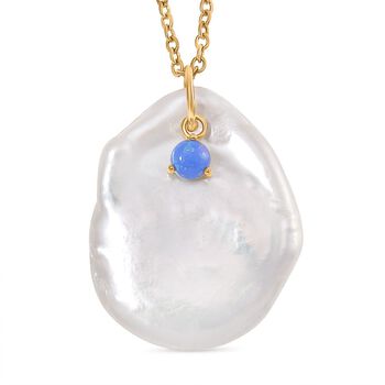 Wei&szlig;e Keshi Perle, Blauer Opal Anh&auml;nger mit Kette, Messing, Reiner Edelstahl, vergoldet