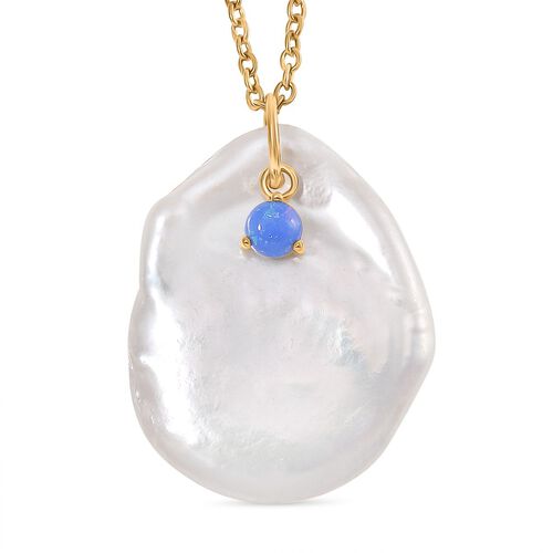 Weiße Keshi Perle, Blauer Opal Anhänger mit Kette, Messing, Reiner Edelstahl, vergoldet image number 0