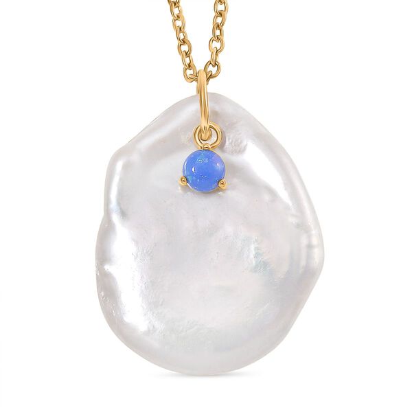 Wei&szlig;e Keshi Perle, Blauer Opal Anh&auml;nger mit Kette, Messing, Reiner Edelstahl, vergoldet