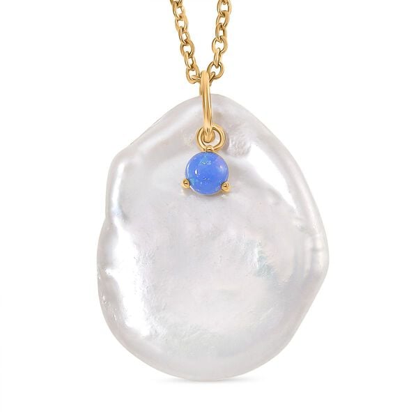 Weiße Keshi Perle, Blauer Opal Anhänger mit Kette, Messing, Reiner Edelstahl, vergoldet image number 0
