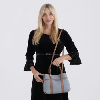 Leder Shopper Set 2 teilig mit Magnetfach und Rei&szlig;verschlussfach 35 x 11 x 20 cm Blau Braun