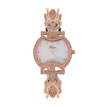 GENOA Kristall Uhr mit japanischem Miyota-Uhrwerk und braunem Lederarmband in Ros&eacute;goldton, 24cm