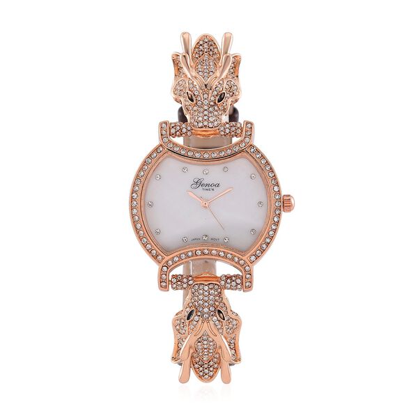 GENOA Kristall Uhr mit japanischem Miyota-Uhrwerk und braunem Lederarmband in Ros&eacute;goldton, 24cm