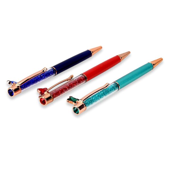 "Set of 3 artificial Ballpoint Pen material:Aluminum alloy +Plastic,   Color: Peacock blue,bright red,transparent blue black ink Pen barrel without carve  The box is printed with the logo" image number 5
