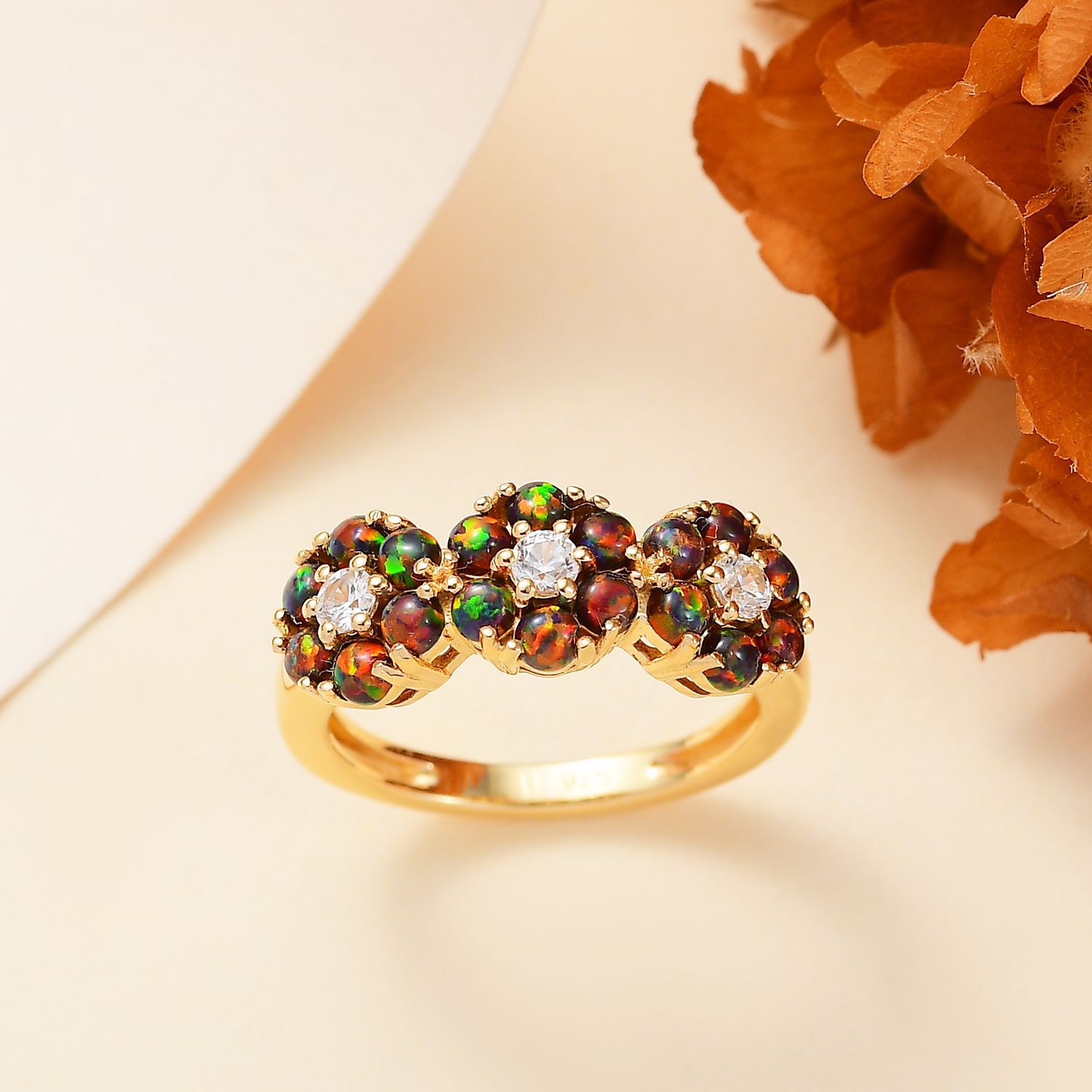 WeiBer Zirkon Lab Created schwarzen Opal Ring 925 Silber vergoldet GroBe 18.00 ca. 1.10 ct
