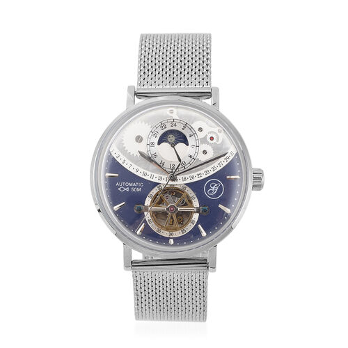 GENOA - Mondphasenuhr mit Schwungrad, Automatikwerk, blaues Ziffernblatt mit Milanese Armband im Silberton, wasserdicht image number 0