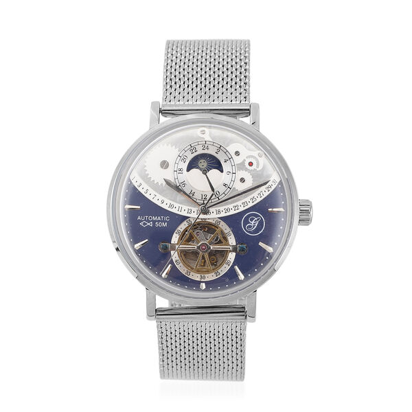 GENOA - Mondphasenuhr mit Schwungrad, Automatikwerk, blaues Ziffernblatt mit Milanese Armband im Silberton, wasserdicht image number 0