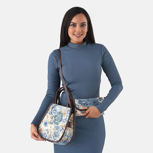 2er Set - Handtasche und Geldb&ouml;rse, Baumwolle, Blau Floral image number 4