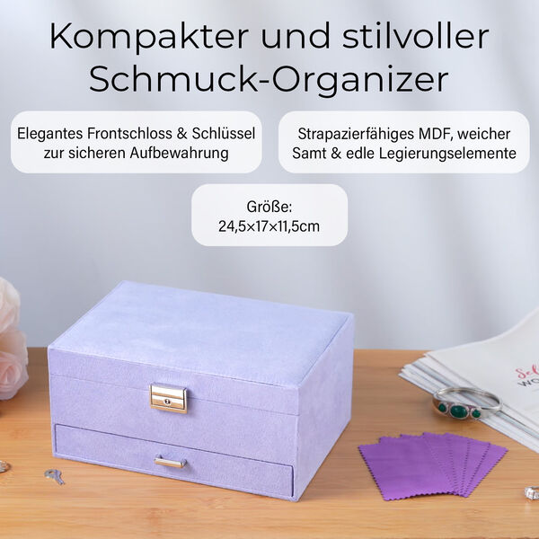 3-schichtige Schmuckbox aus Samt mit 5 Silberputztüchern in Lila, 24,5x17x11,5cm image number 2